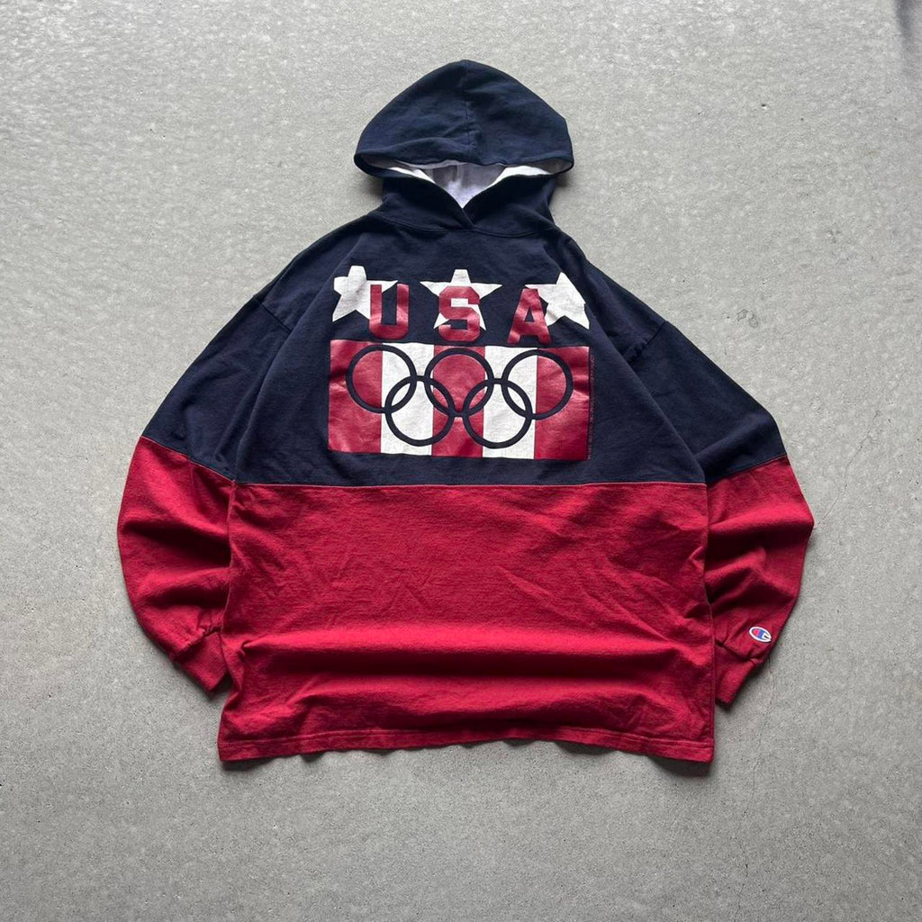 Vintage 90s Champion USA Hooded Long Sleeve Shirt - Uptwn Vintage